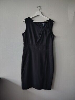 Chapter One Black Pinstripe Sleeveless Sheath Dress with Twist Detail
